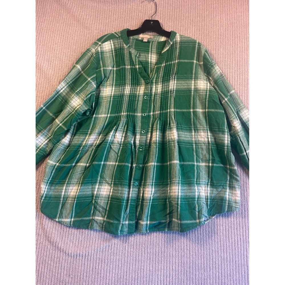 Woman Within Green Plaid Flannel 2X Pintuck Button Front Blouse 1X 22/24 Popover